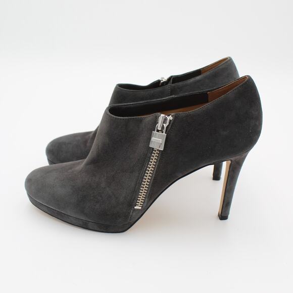 Michael Kors Booties Womens 9.5 Gray Suede High Heel Ankle Boots Zip Logo Lock - Picture 3 of 12